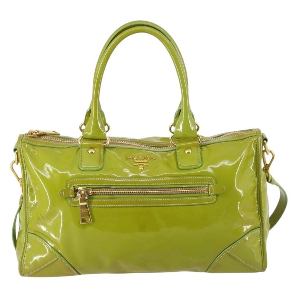 PRADA Hand Bag Enamel 2way Green Gold Auth - Picture 2 of 15